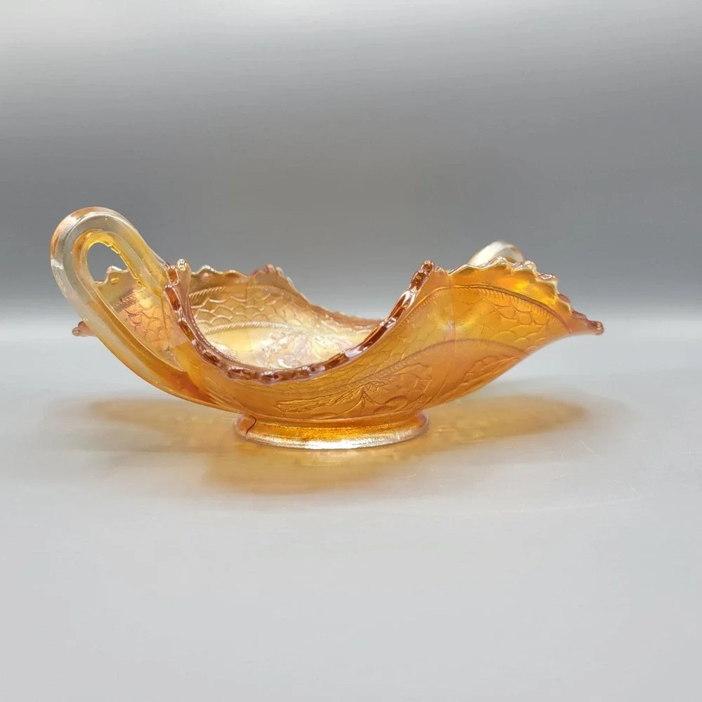 Vintage Fenton Marigold Carnival Iridescent Glass Handled Candy Dish Cherries